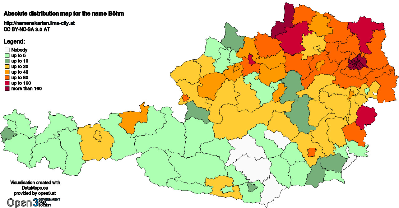 Absolute Distribution maps for surname Böhm