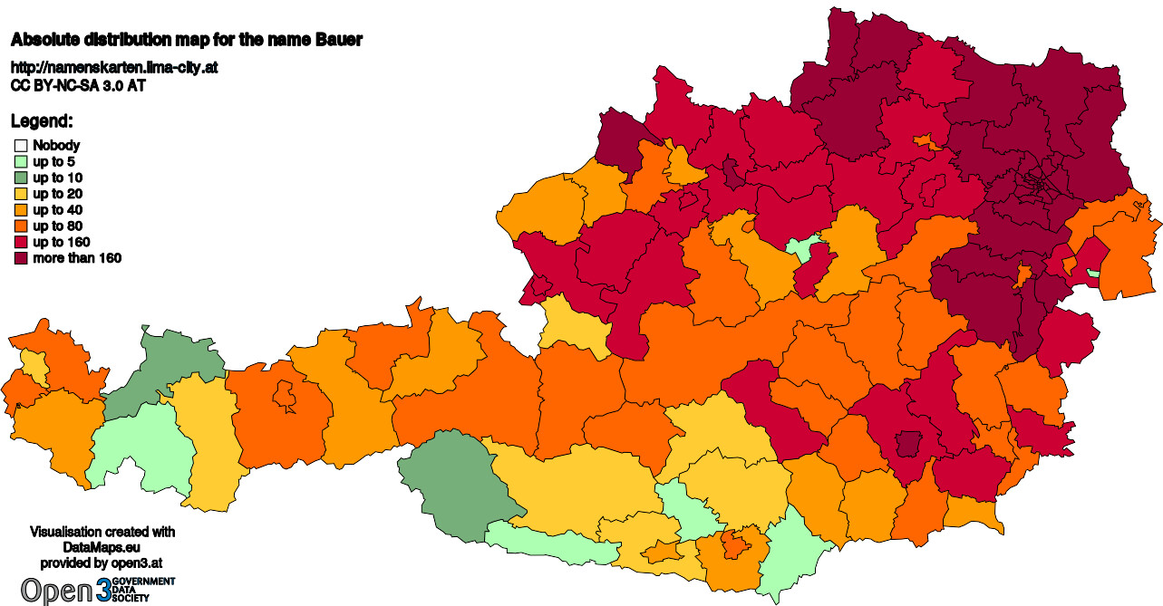 Absolute Distribution maps for surname Bauer