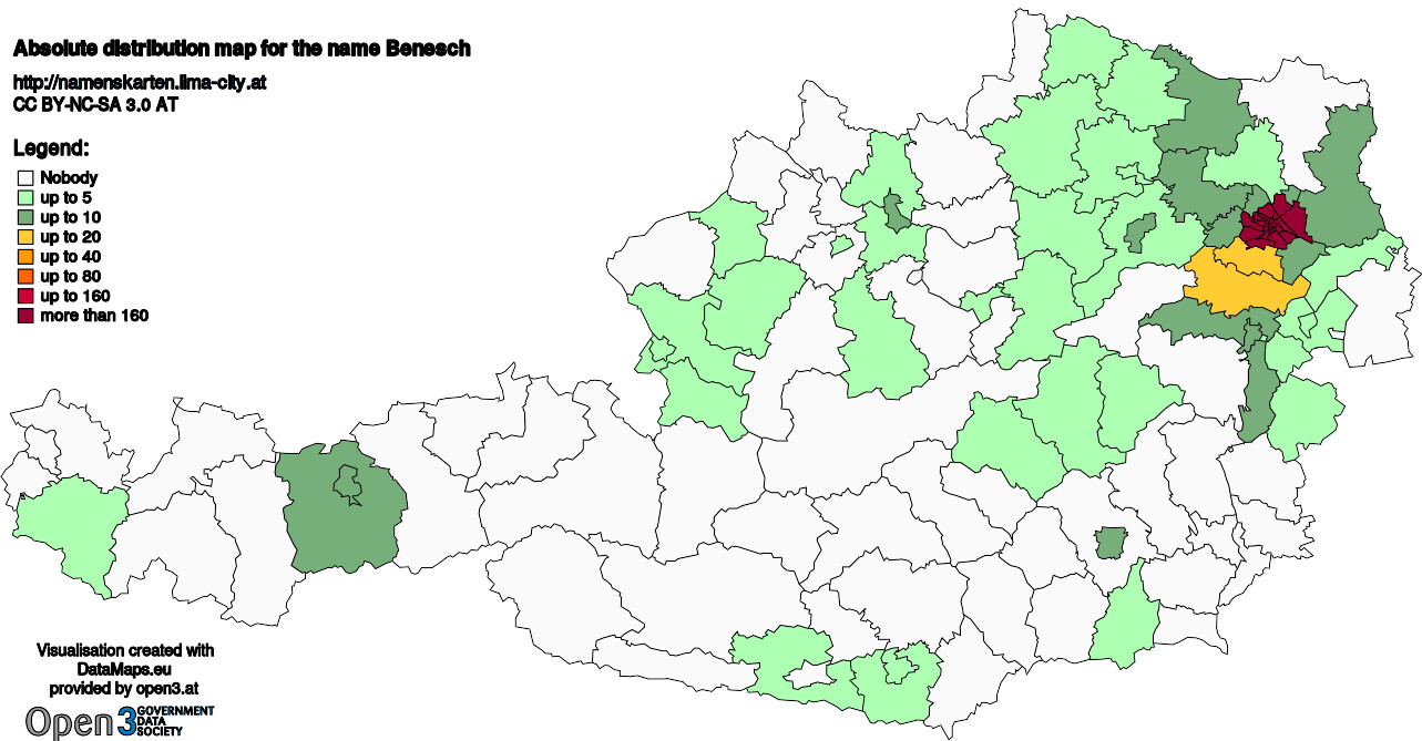 Absolute Distribution maps for surname Benesch
