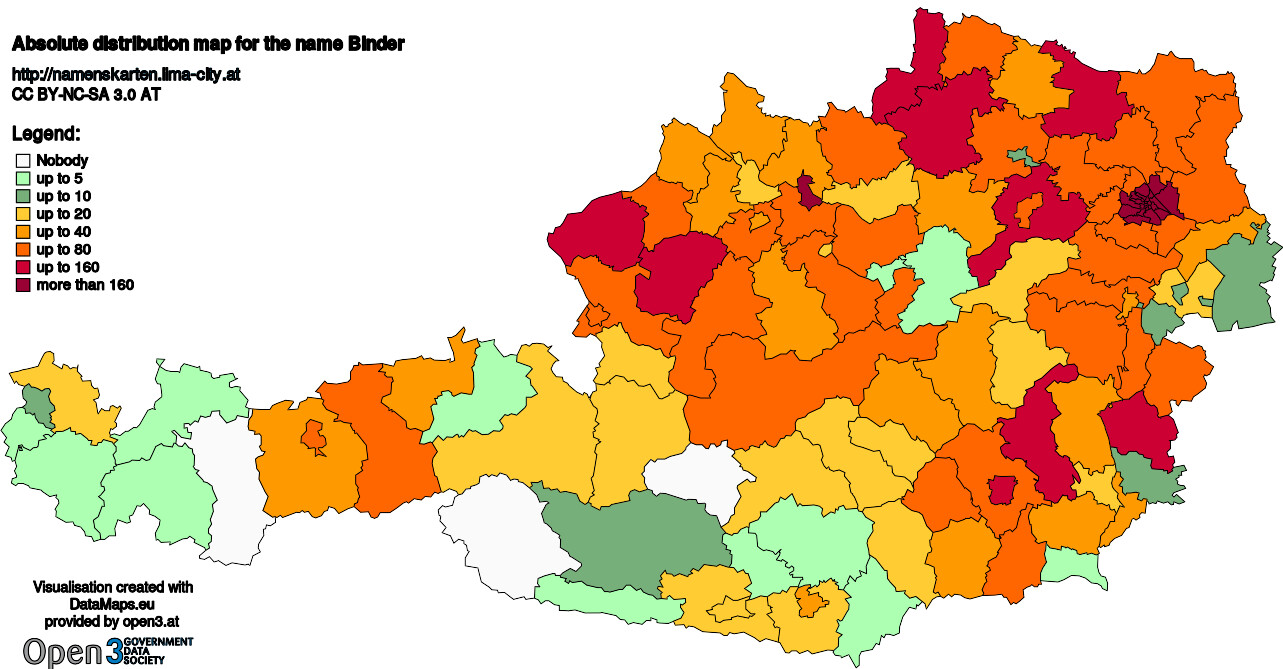 Absolute Distribution maps for surname Binder