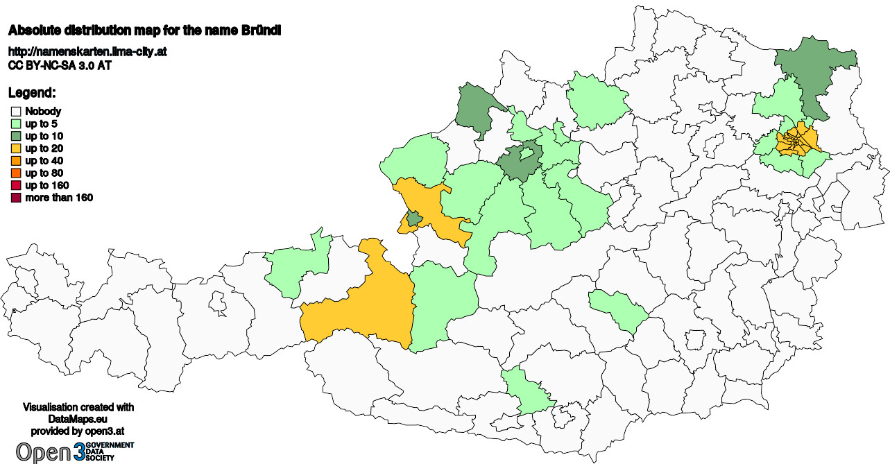 Absolute Distribution maps for surname Bründl