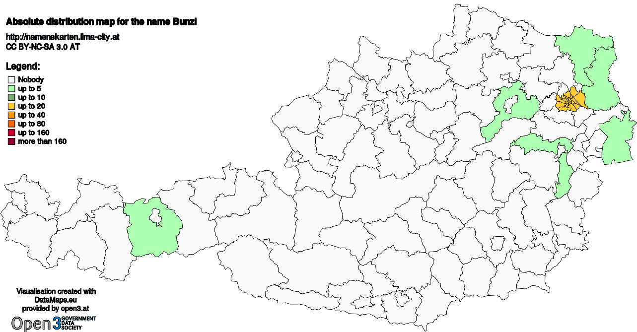 Absolute Distribution maps for surname Bunzl