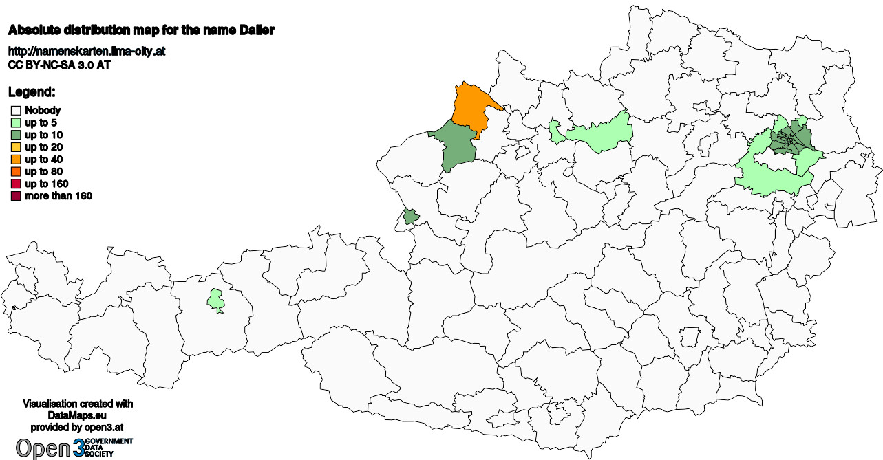 Absolute Distribution maps for surname Daller