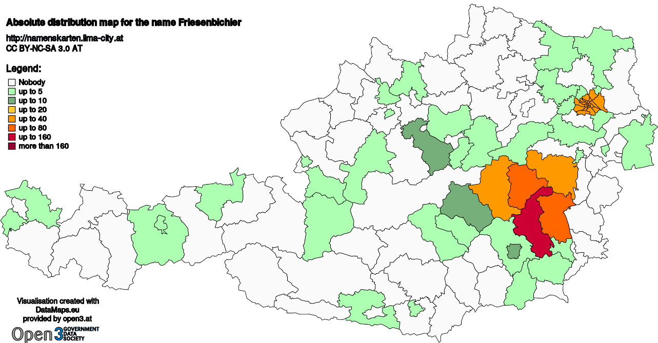 Absolute Distribution maps for surname Friesenbichler