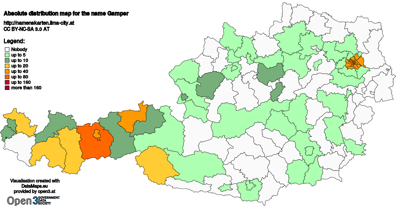 Absolute Distribution maps for surname Gamper
