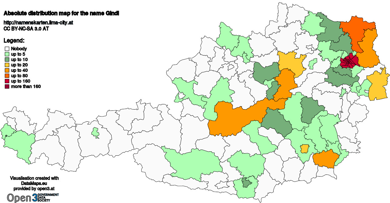 Absolute Distribution maps for surname Gindl