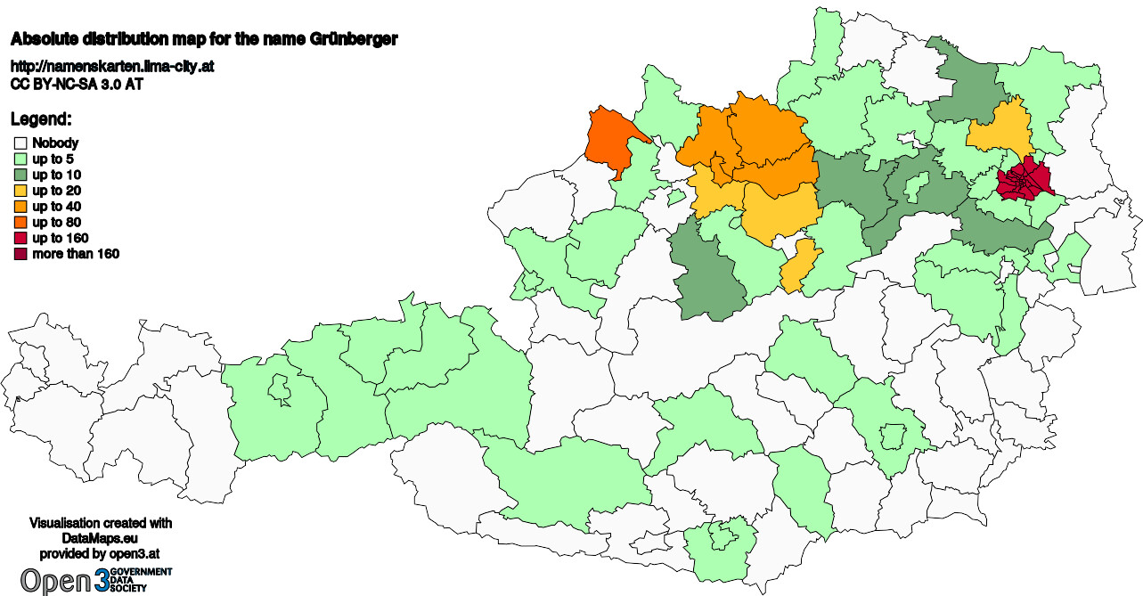 Absolute Distribution maps for surname Grünberger