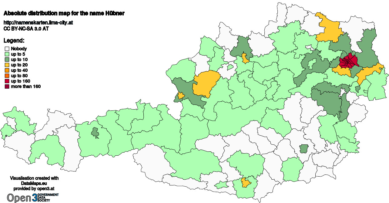 Absolute Distribution maps for surname Hübner