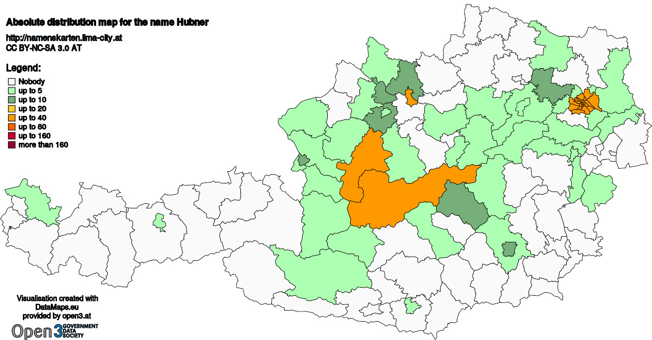 Absolute Distribution maps for surname Hubner