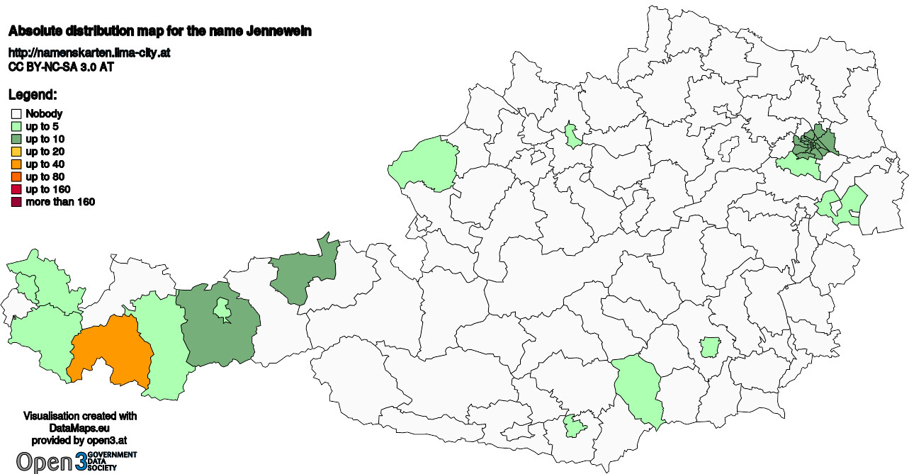 Absolute Distribution maps for surname Jennewein