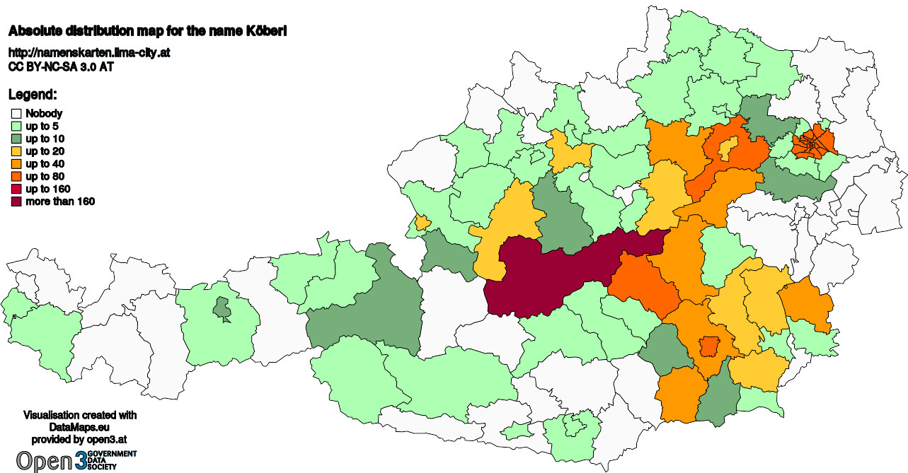 Absolute Distribution maps for surname Köberl