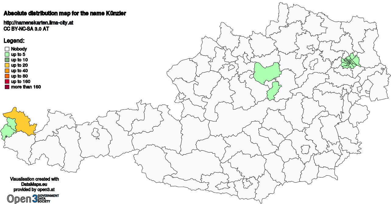 Absolute Distribution maps for surname Künzler