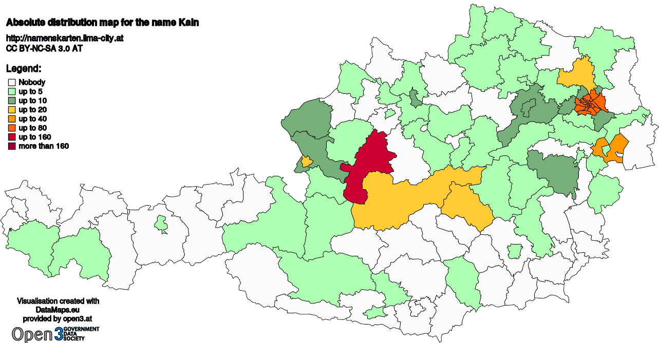 Absolute Distribution maps for surname Kain