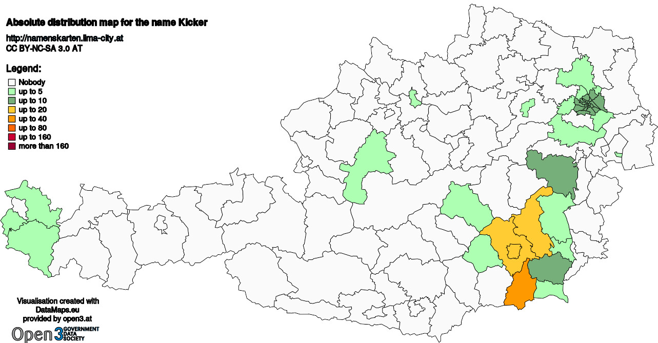 Absolute Distribution maps for surname Kicker