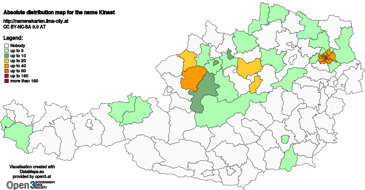 Absolute Distribution maps for surname Kinast