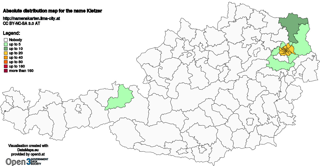 Absolute Distribution maps for surname Kletzer