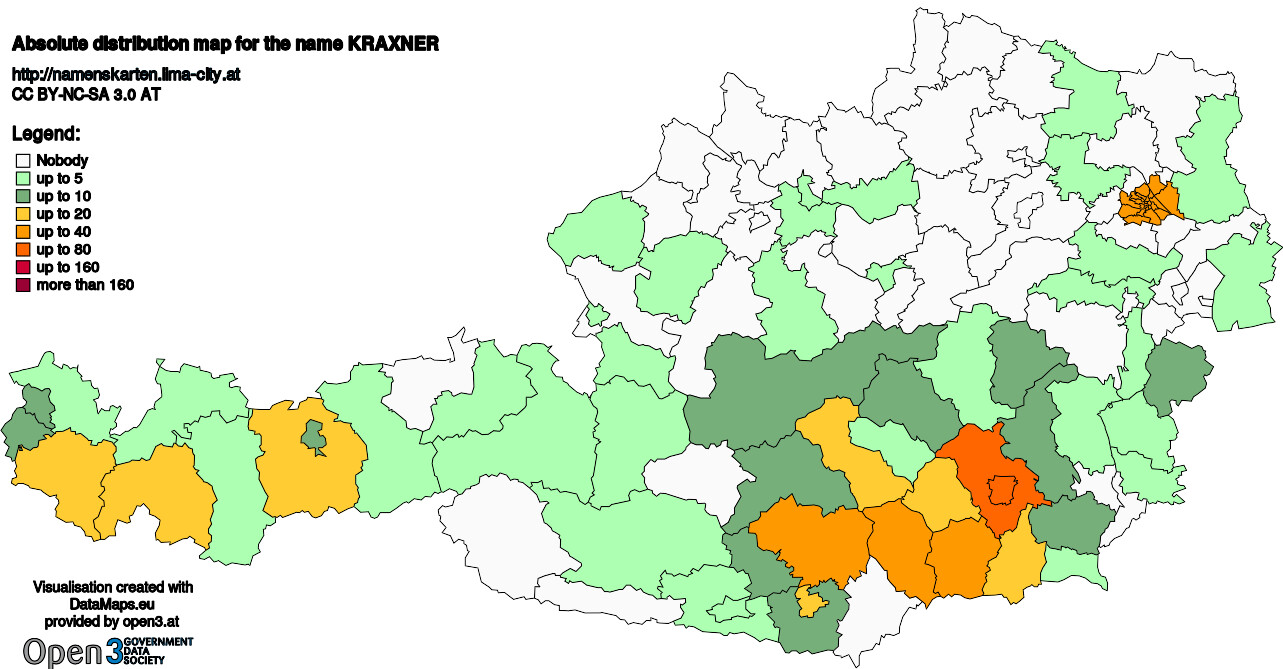 Absolute Distribution maps for surname Kraxner