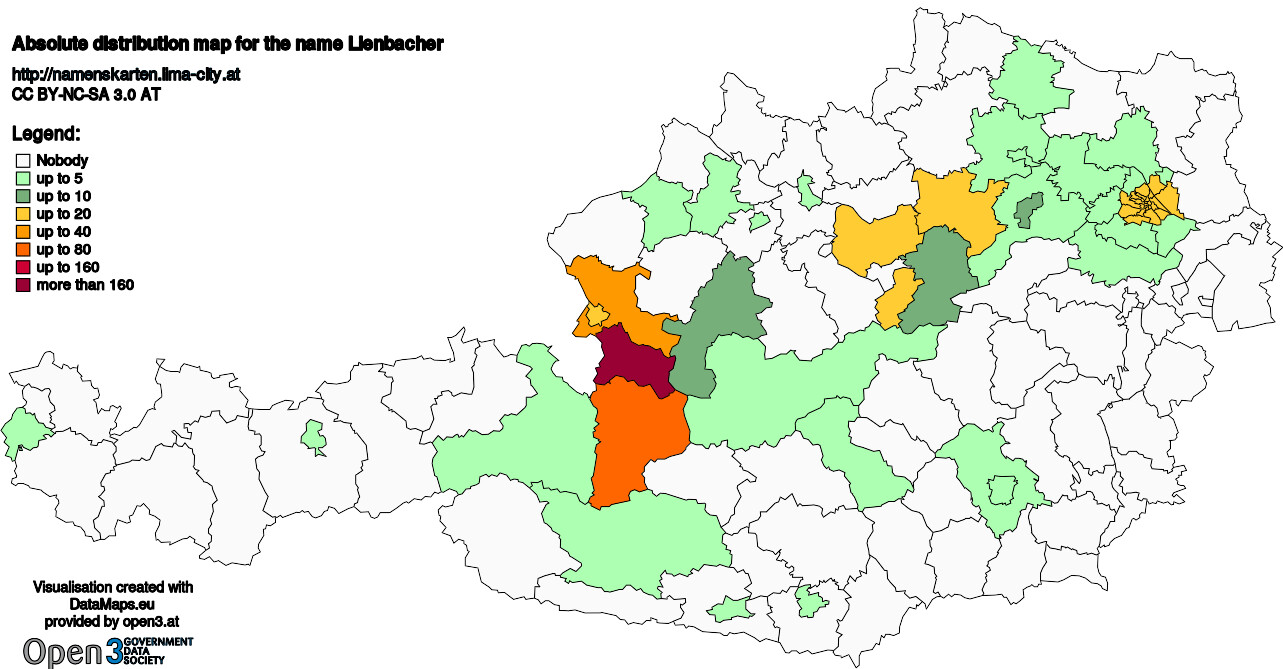 Absolute Distribution maps for surname Lienbacher