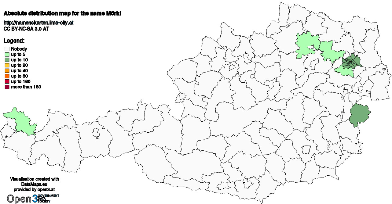 Absolute Distribution maps for surname Mörkl
