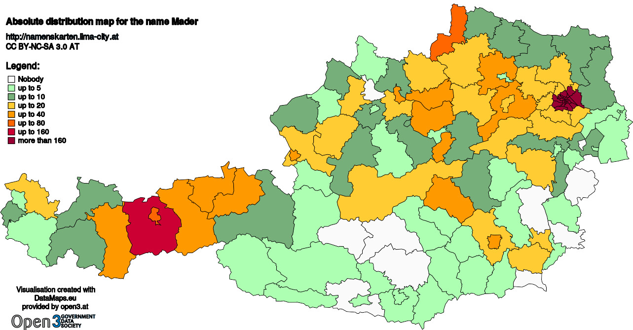 Absolute Distribution maps for surname Mader