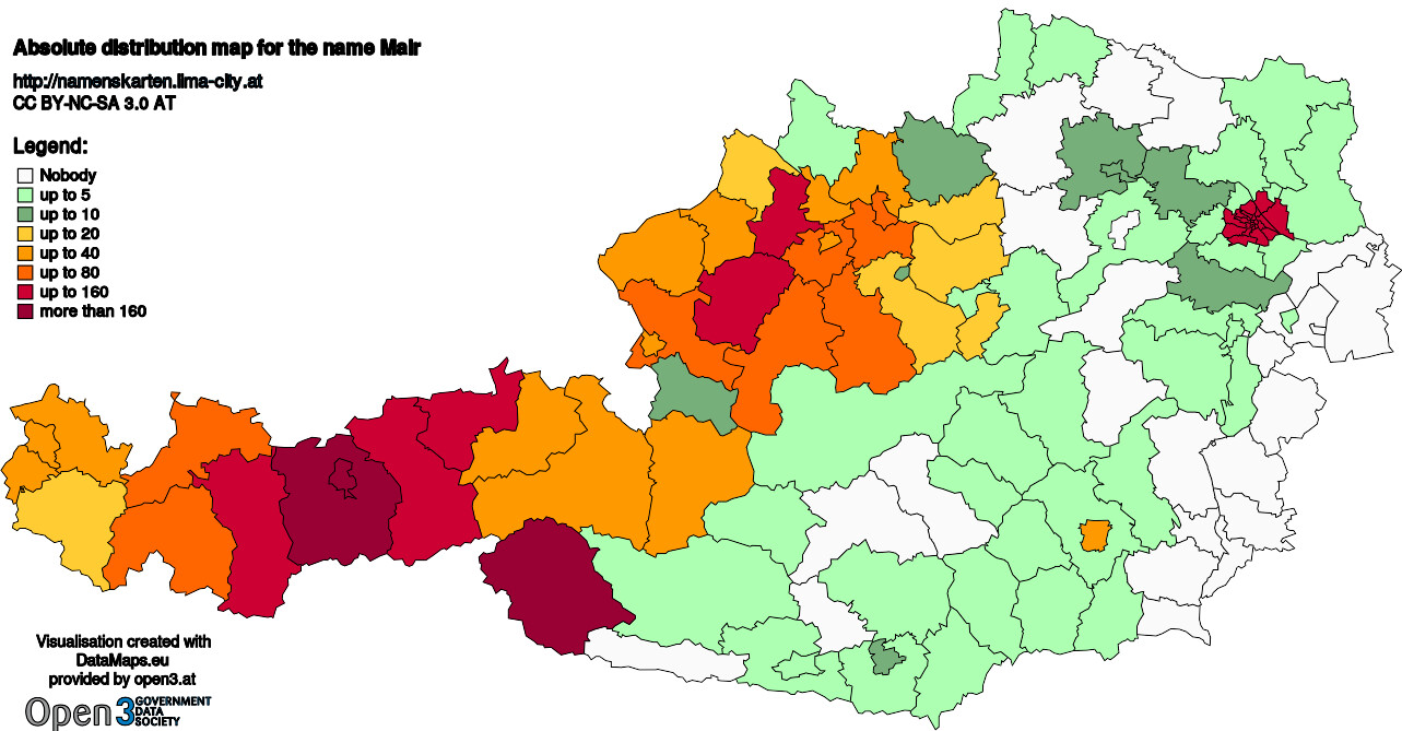 Absolute Distribution maps for surname Mair
