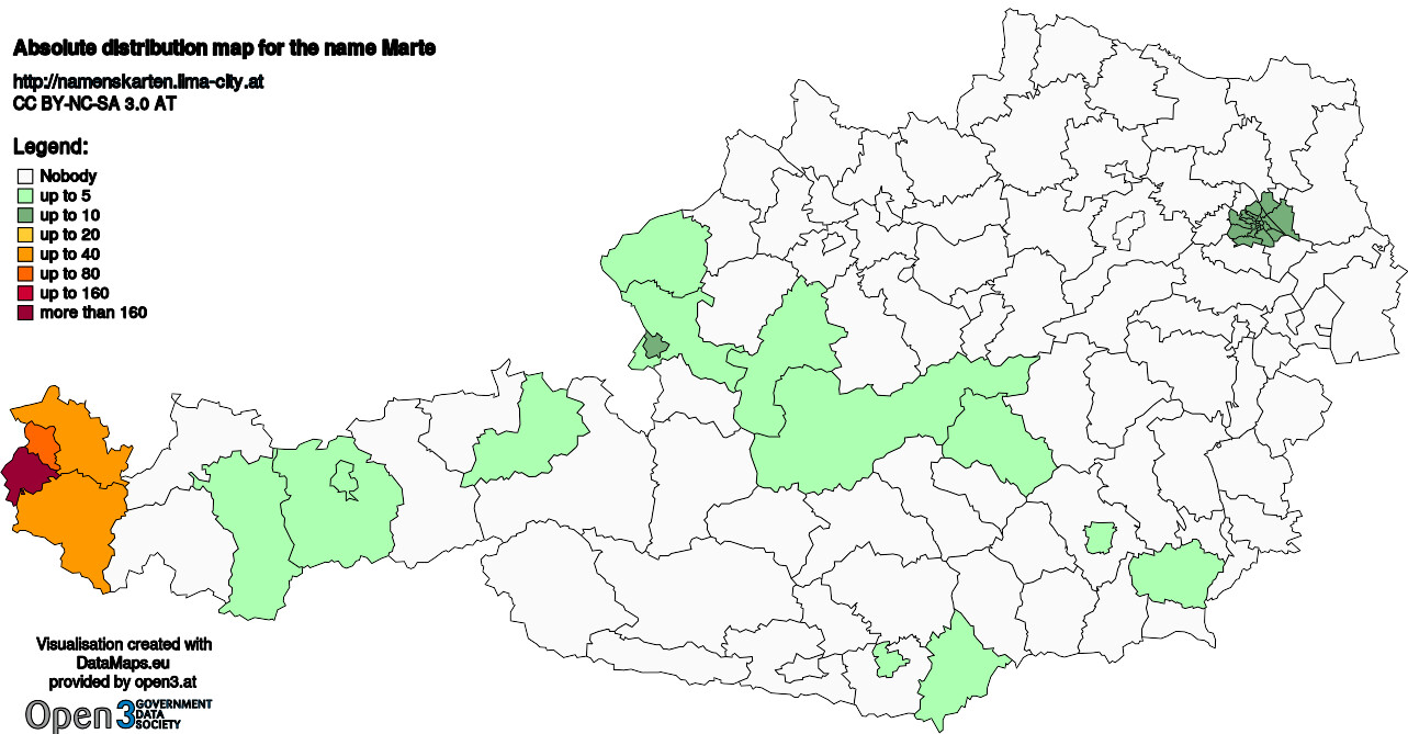 Absolute Distribution maps for surname Marte