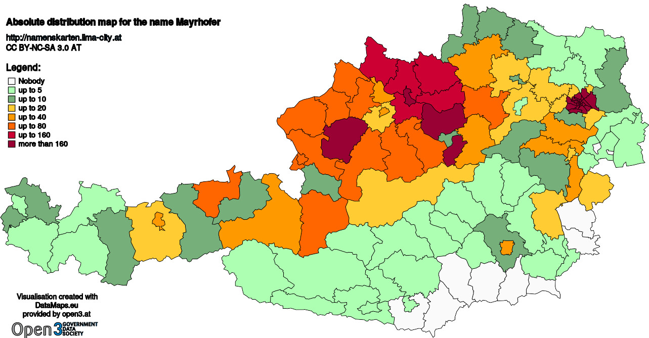 Absolute Distribution maps for surname Mayrhofer