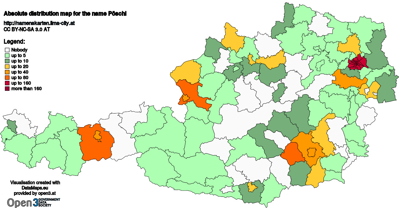 Absolute Distribution maps for surname Pöschl