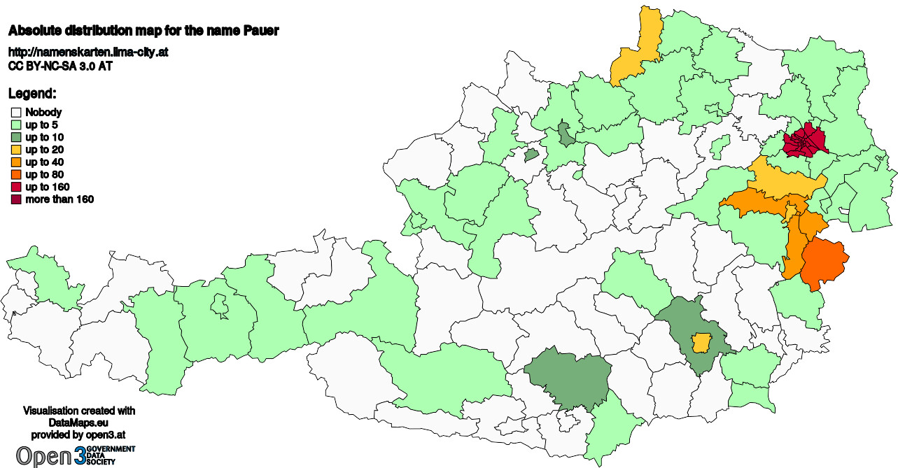 Absolute Distribution maps for surname Pauer
