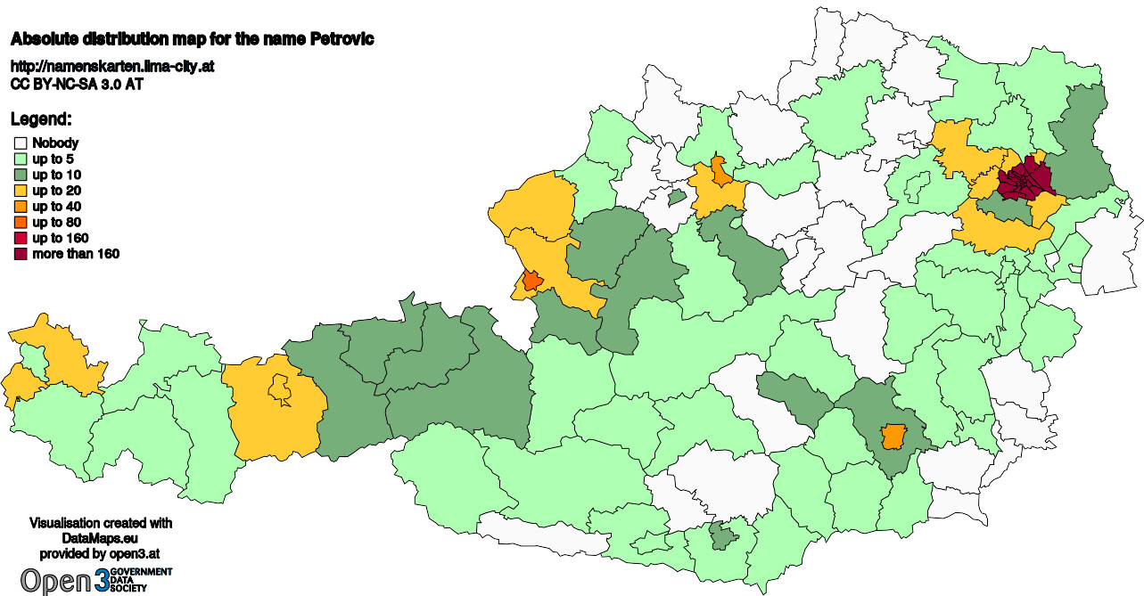 Absolute Distribution maps for surname Petrovic