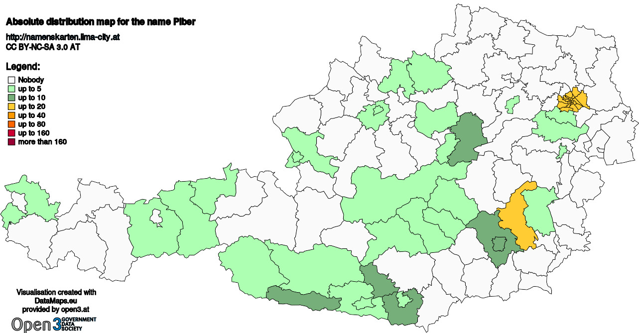 Absolute Distribution maps for surname Piber