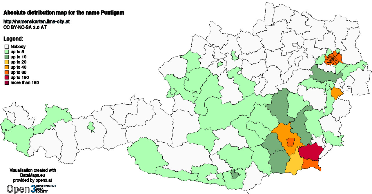 Absolute Distribution maps for surname Puntigam