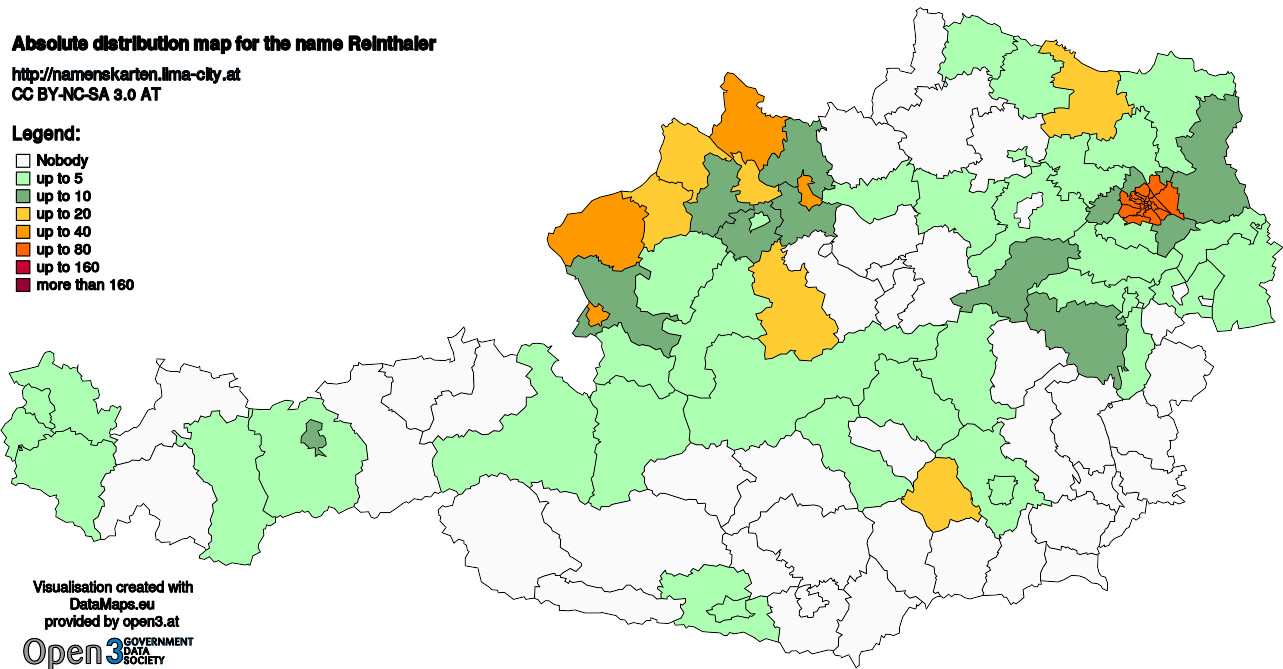Absolute Distribution maps for surname Reinthaler