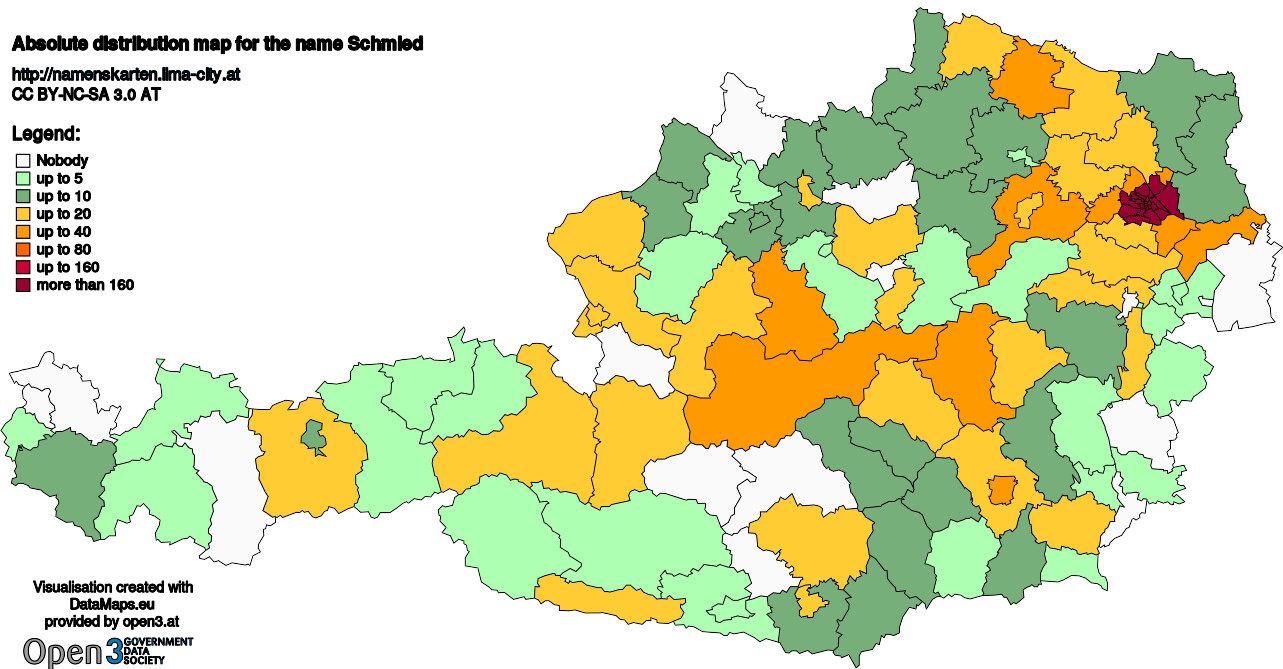 Absolute Distribution maps for surname Schmied