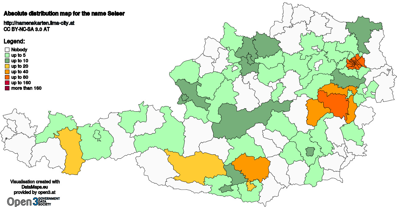 Absolute Distribution maps for surname Seiser