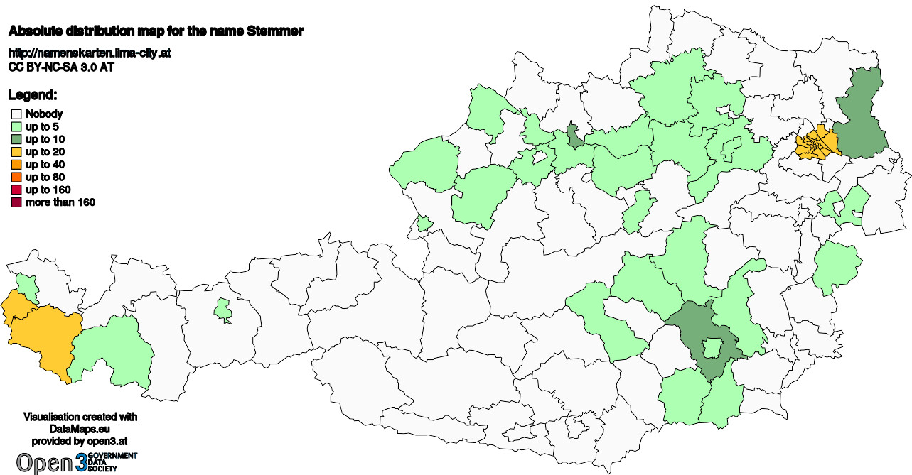 Absolute Distribution maps for surname Stemmer