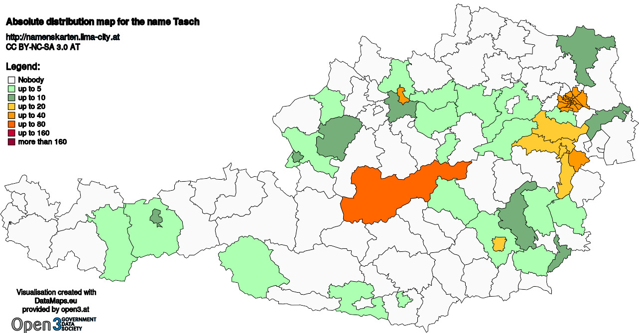 Absolute Distribution maps for surname Tasch