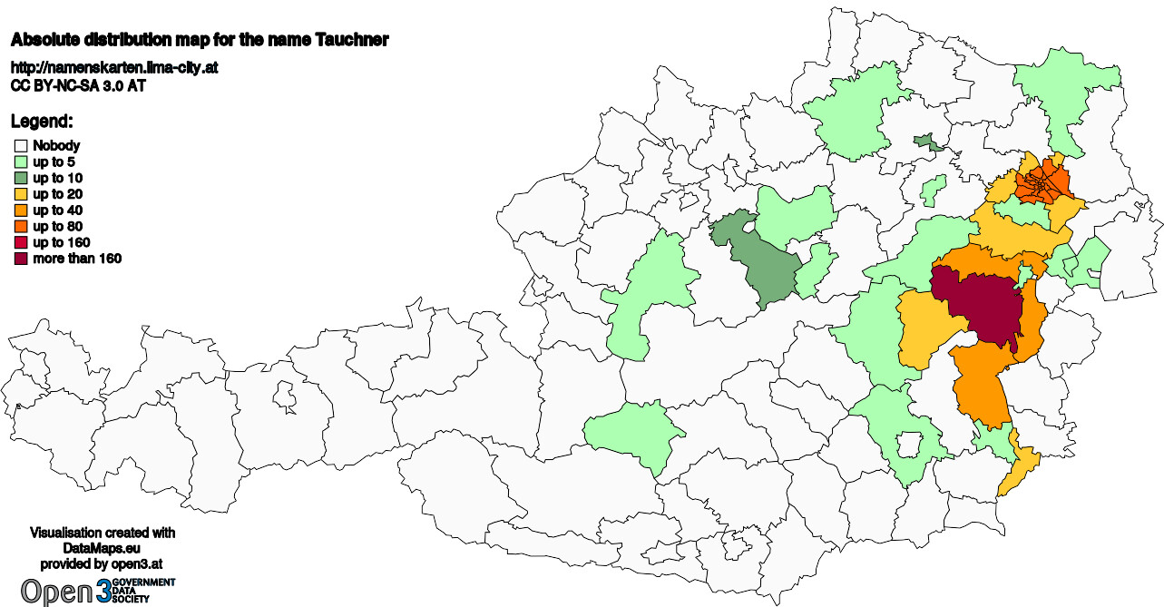 Absolute Distribution maps for surname Tauchner