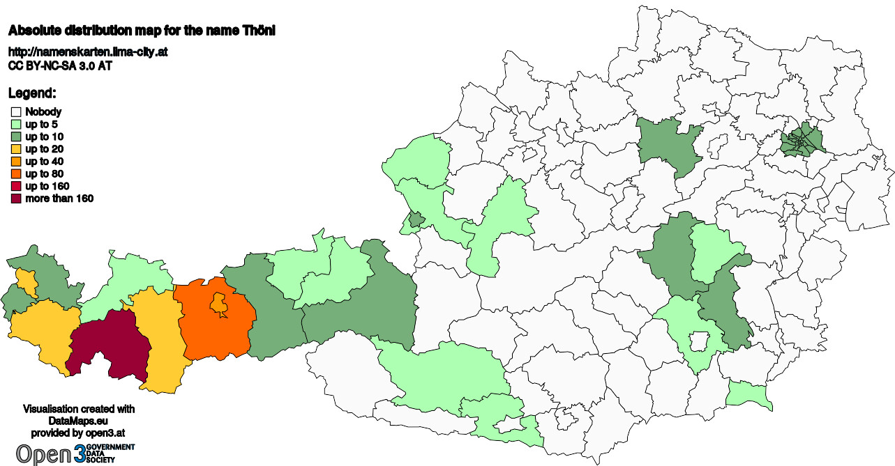 Absolute Distribution maps for surname Thöni