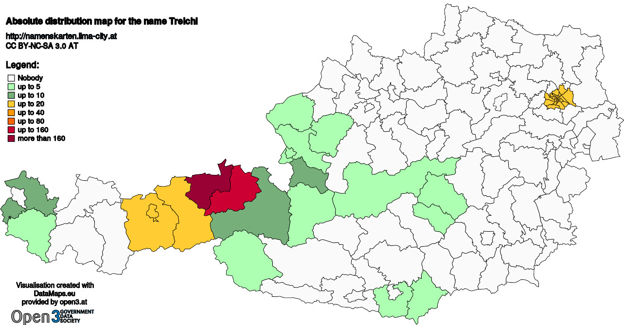 Absolute Distribution maps for surname Treichl