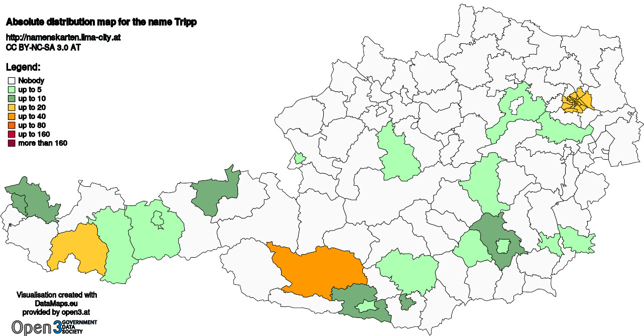 Absolute Distribution maps for surname Tripp