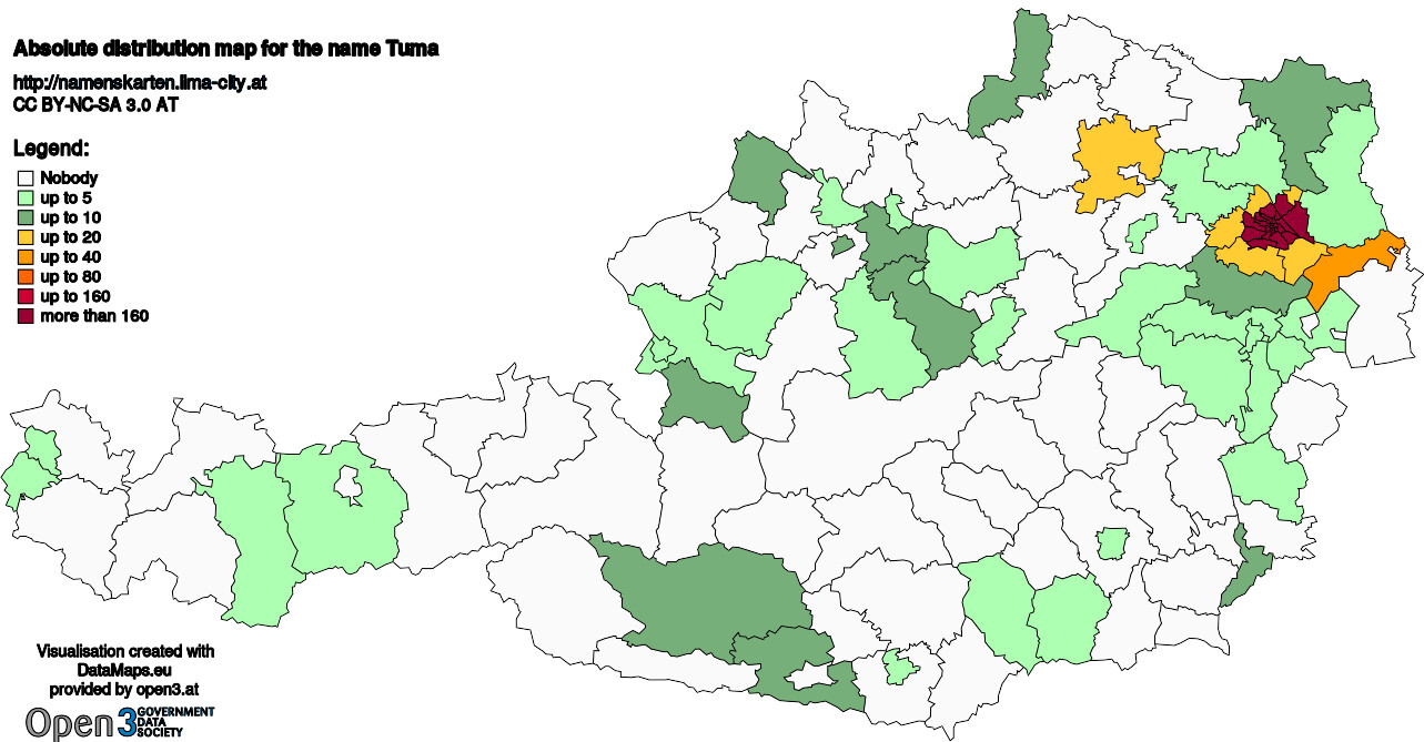 Absolute Distribution maps for surname Tuma