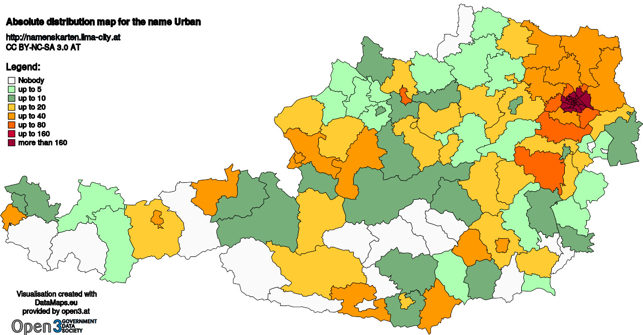 Absolute Distribution maps for surname Urban