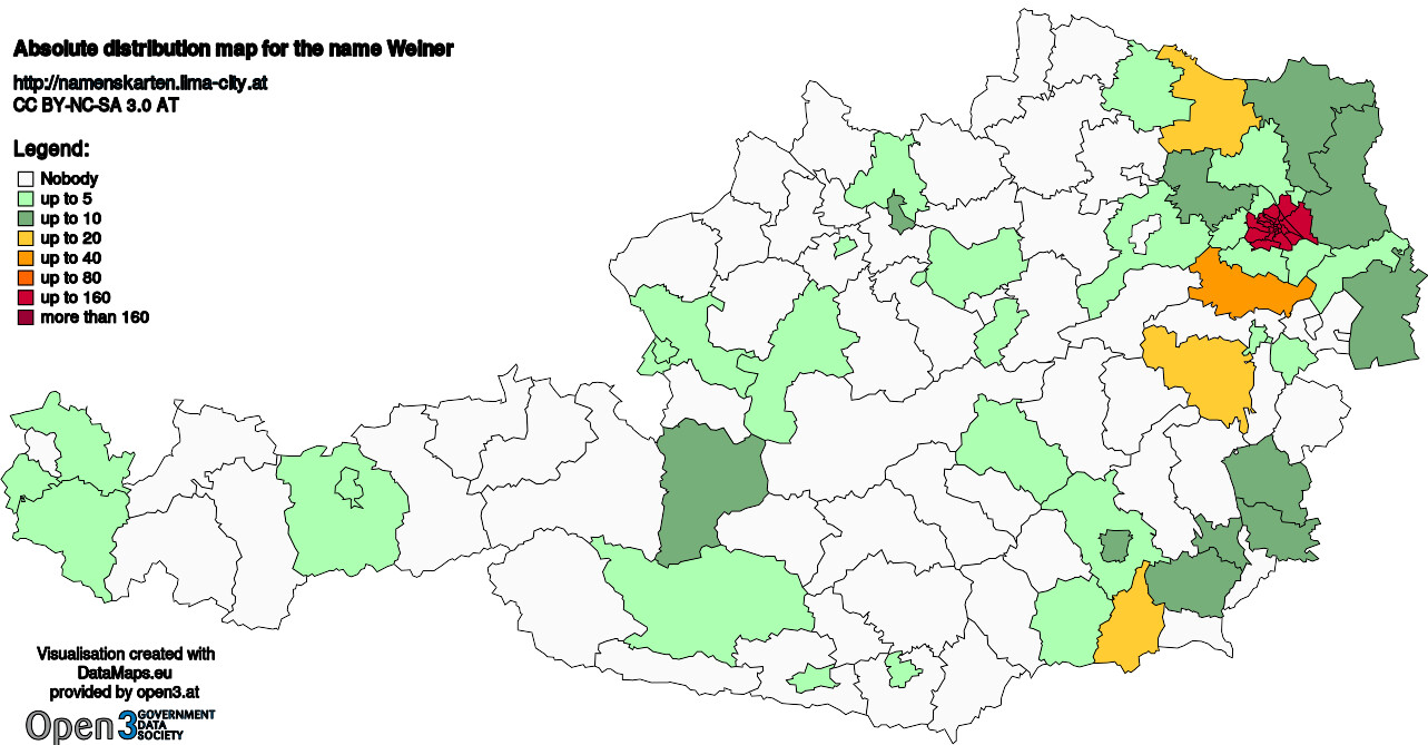 Absolute Distribution maps for surname Weiner