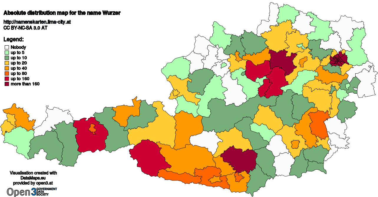 Absolute Distribution maps for surname Wurzer