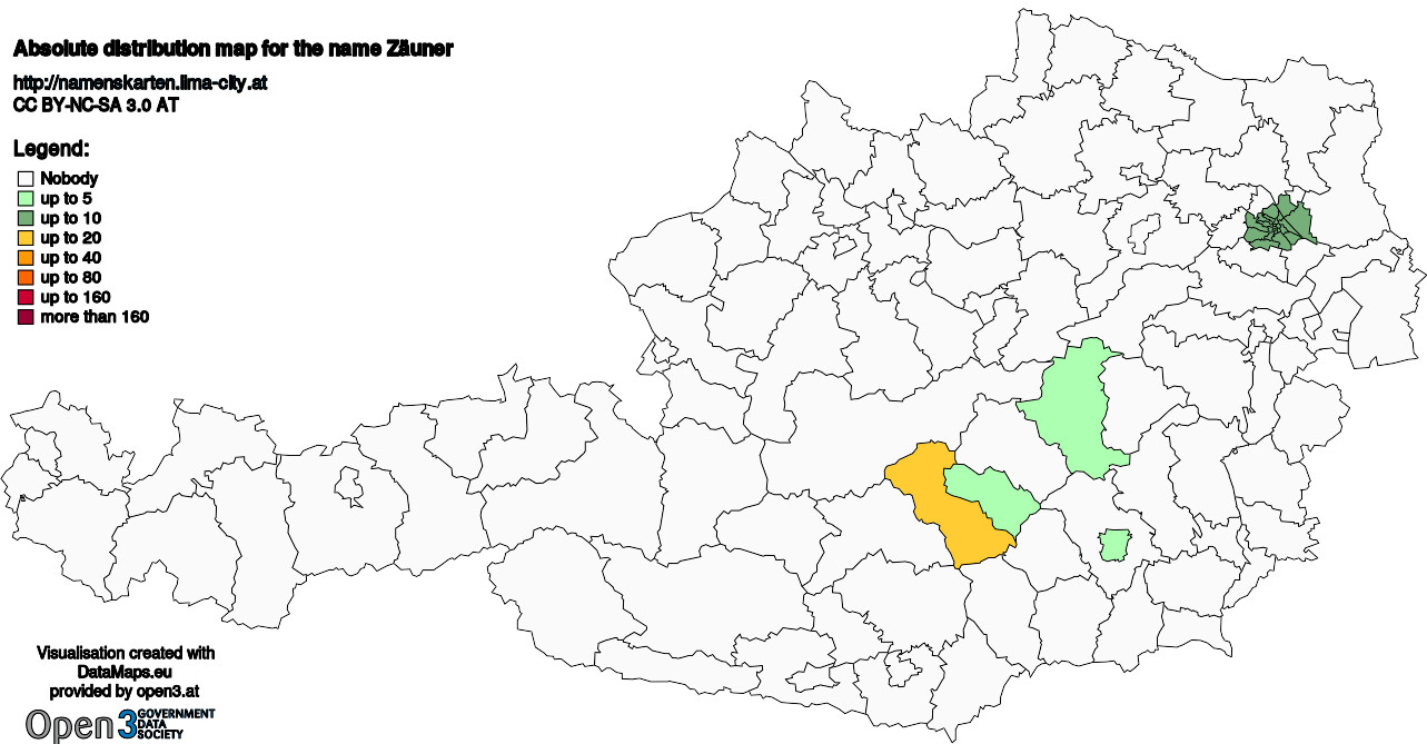 Absolute Distribution maps for surname Zäuner