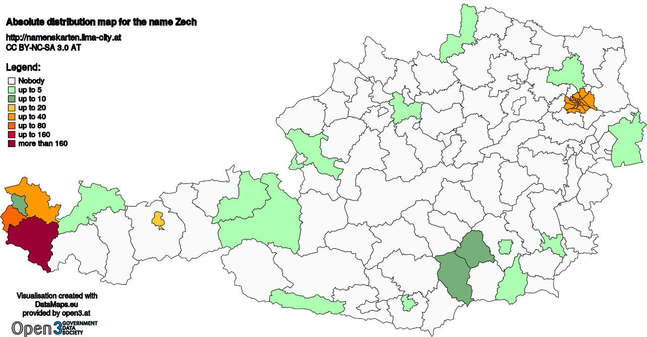 Absolute Distribution maps for surname Zech