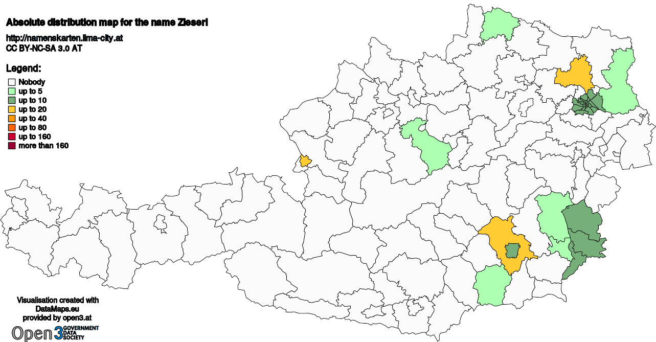 Absolute Distribution maps for surname Zieserl