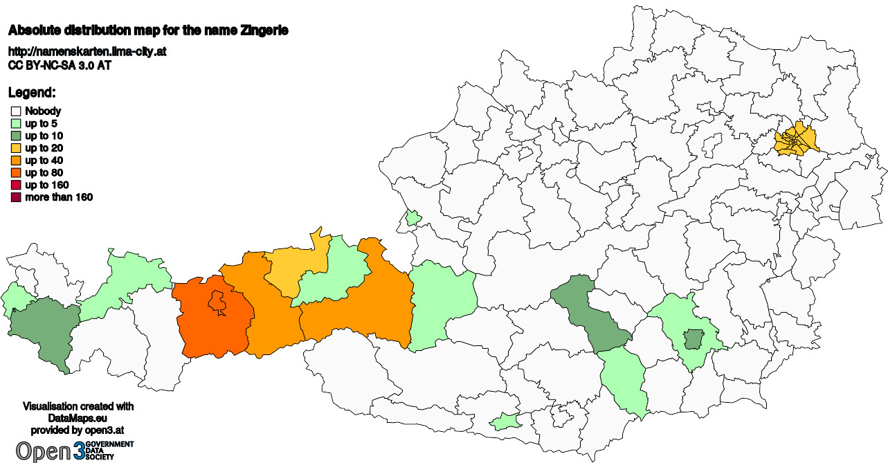 Absolute Distribution maps for surname Zingerle