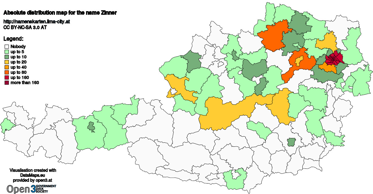 Absolute Distribution maps for surname Zinner